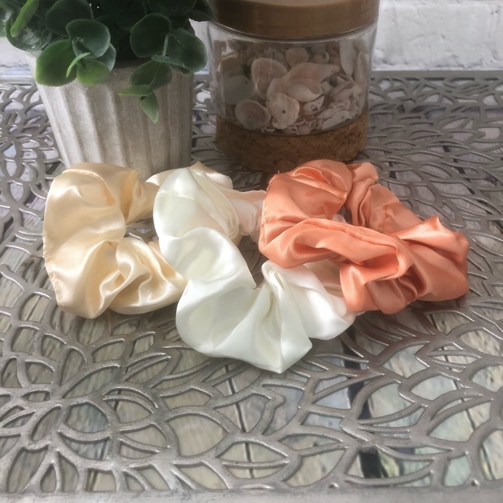 3 New Silk Scrunchies White, Creme, Peach colors